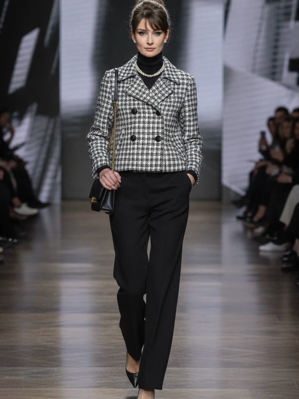 Millard Fillmore Houndstooth Tweed Cropped Peacoat Jacket Medium Black White
